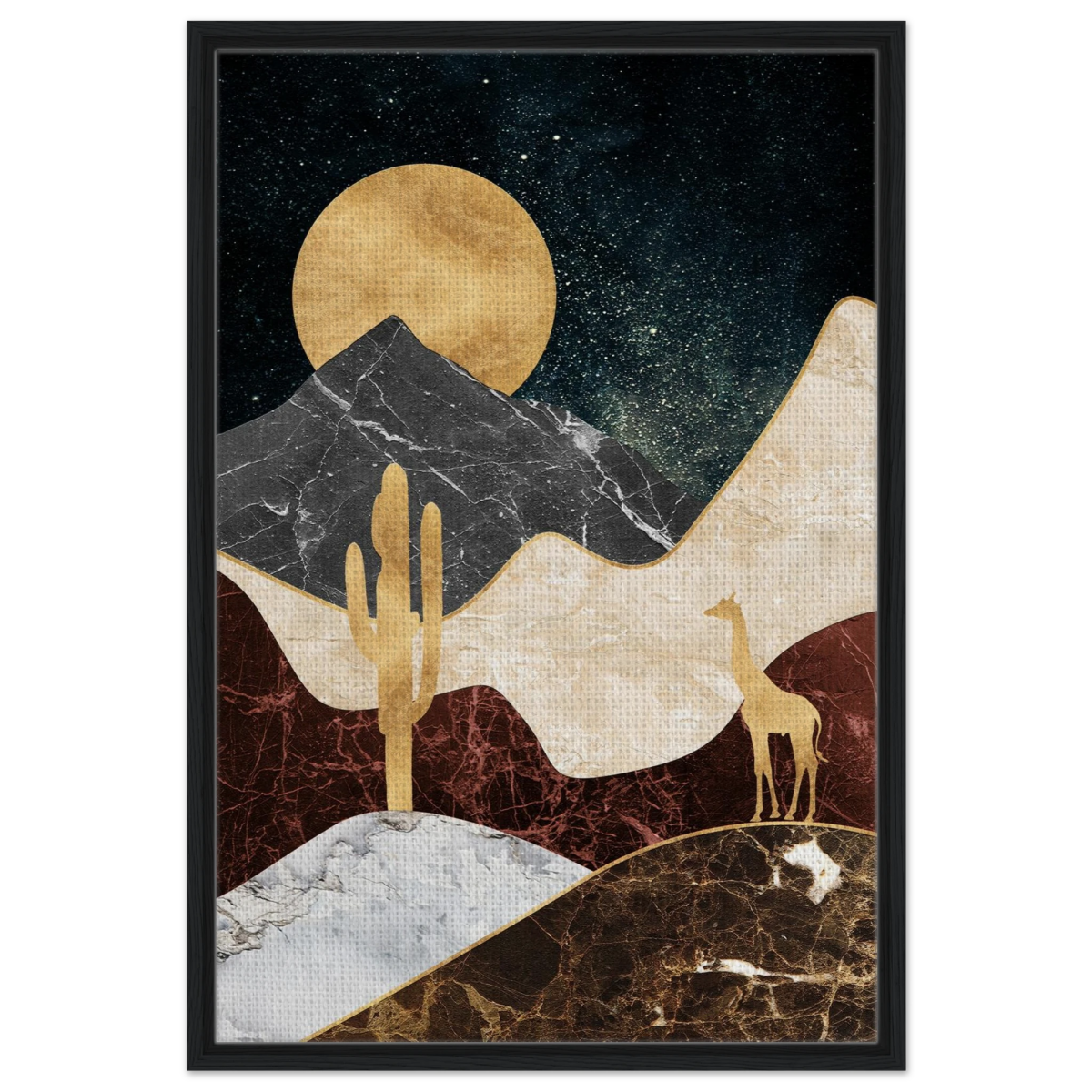 "Golden Horizon Safari" – Abstract Wilderness in Luxe Texture | Wall art Print - Framed Canvas - 60x90 cm / 24x36″ - Black frame