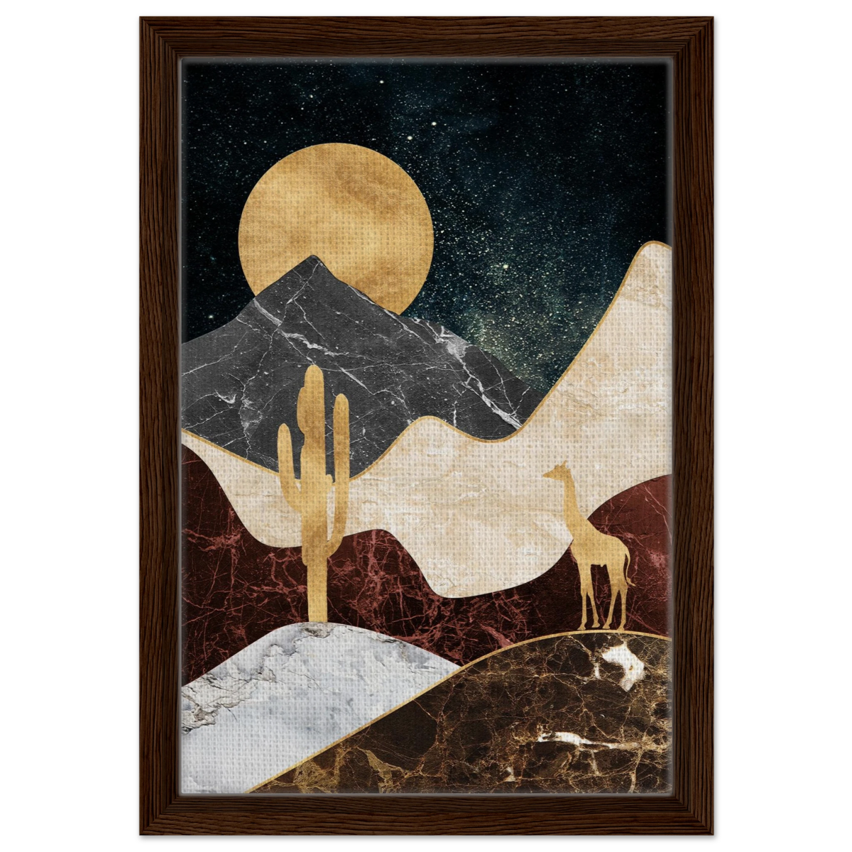 "Golden Horizon Safari" – Abstract Wilderness in Luxe Texture | Wall art Print - Framed Canvas - 30x45 cm / 12x18″ - Dark wood frame