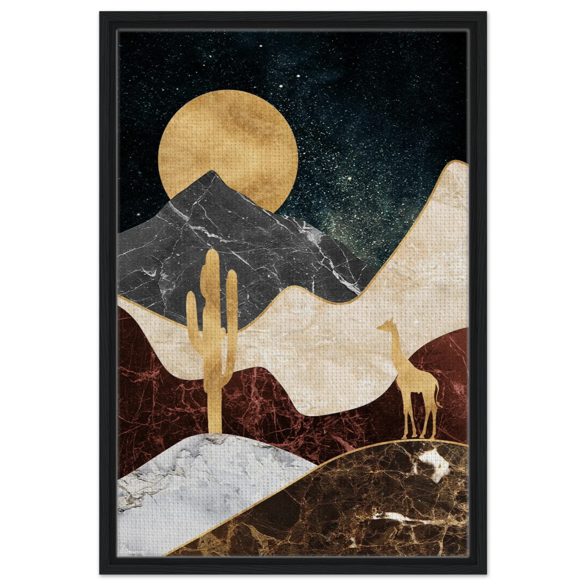 "Golden Horizon Safari" – Abstract Wilderness in Luxe Texture | Wall art Print - Framed Canvas - 50x75 cm / 20x30″ - Black frame