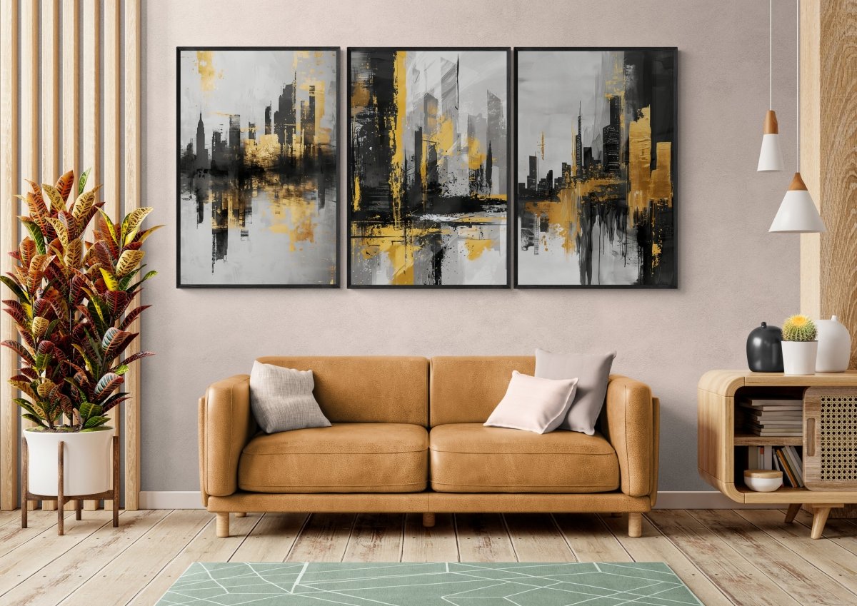 Golden Metropolis – Set of 3 Canvas & Framed Canvas - Framed Canvas - 30X45 CM / 12X18″ - Black frame
