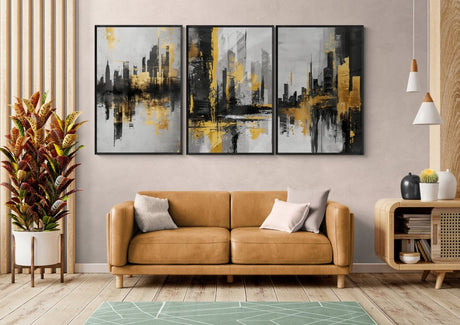 Golden Metropolis – Set of 3 Canvas & Framed Canvas - Framed Canvas - 30X45 CM / 12X18″ - Black frame