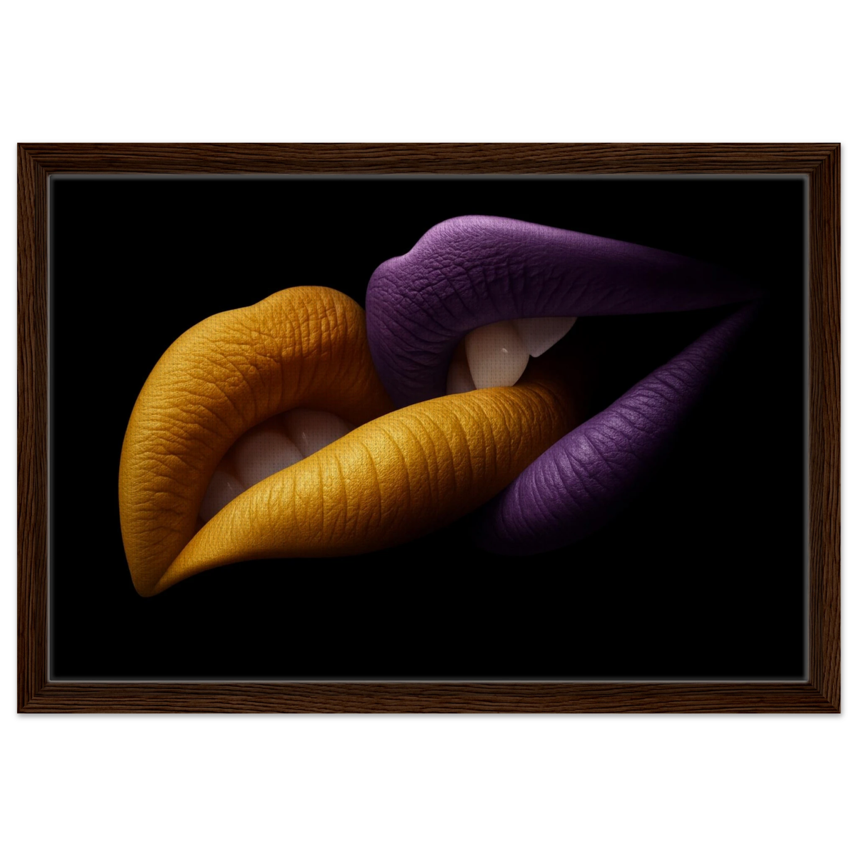 Golden Passion & Violet Desire – Contemporary Lips Wall Art Print - Framed Canvas - 40x60 cm / 16x24″ - Dark wood frame