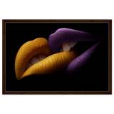 Golden Passion & Violet Desire – Contemporary Lips Wall Art Print - Framed Canvas - 60x90 cm / 24x36″ - Dark wood frame