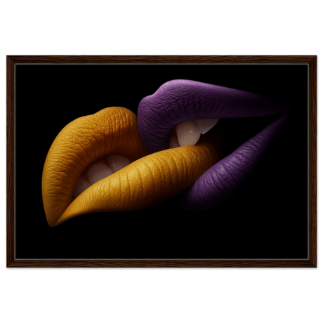 Golden Passion & Violet Desire – Contemporary Lips Wall Art Print - Framed Canvas - 60x90 cm / 24x36″ - Dark wood frame