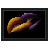 Golden Passion & Violet Desire – Contemporary Lips Wall Art Print - Framed Canvas - 30x45 cm / 12x18″ - Black frame