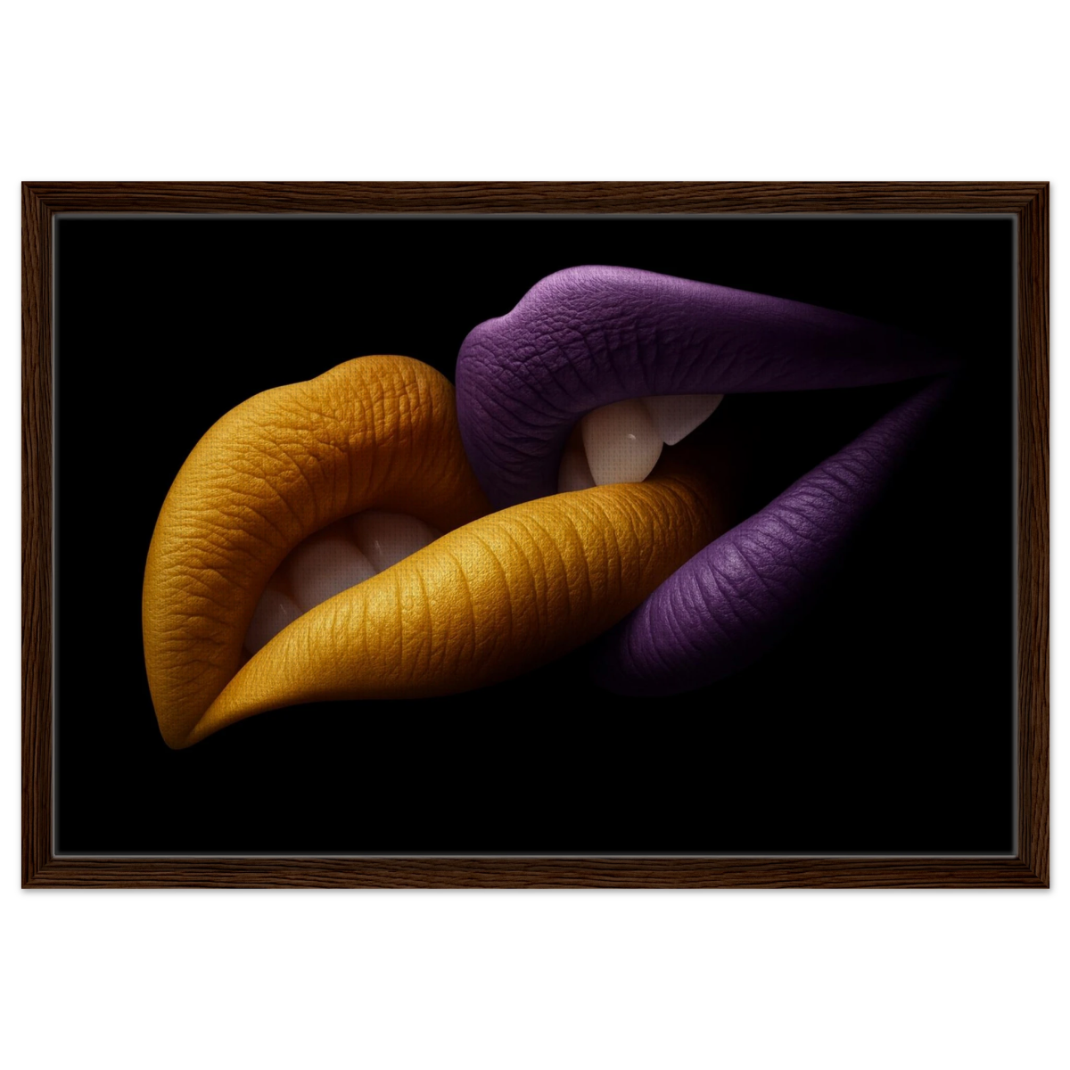 Golden Passion & Violet Desire – Contemporary Lips Wall Art Print - Framed Canvas - 50x75 cm / 20x30″ - Dark wood frame