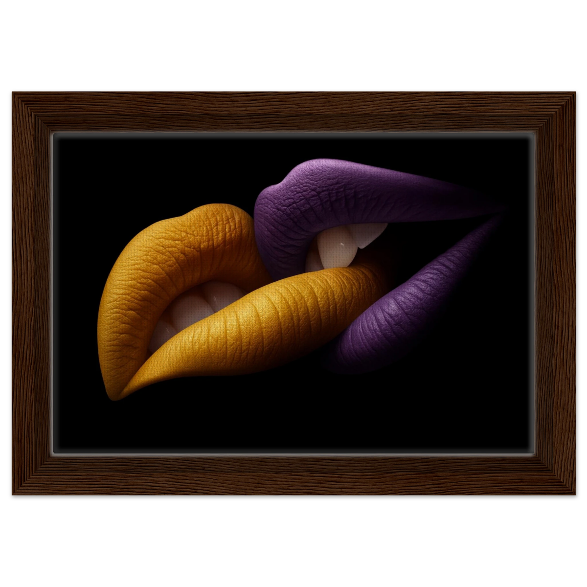 Golden Passion & Violet Desire – Contemporary Lips Wall Art Print - Framed Canvas - 20x30 cm / 8x12″ - Dark wood frame