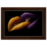 Golden Passion & Violet Desire – Contemporary Lips Wall Art Print - Framed Canvas - 20x30 cm / 8x12″ - Dark wood frame