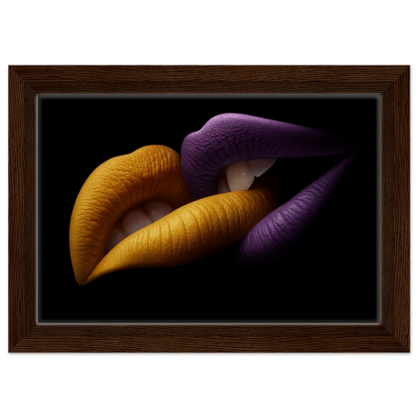 Golden Passion & Violet Desire – Contemporary Lips Wall Art Print - Framed Canvas - 20x30 cm / 8x12″ - Dark wood frame