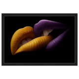 Golden Passion & Violet Desire – Contemporary Lips Wall Art Print - Framed Canvas - 50x75 cm / 20x30″ - Black frame