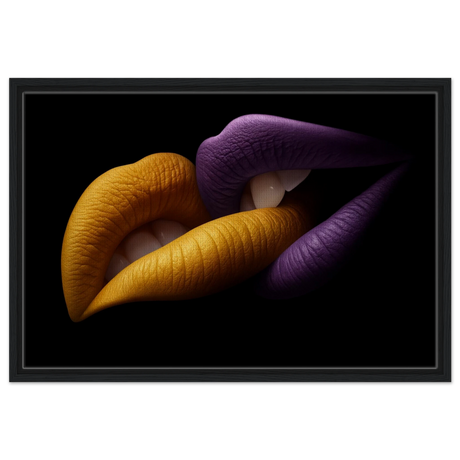 Golden Passion & Violet Desire – Contemporary Lips Wall Art Print - Framed Canvas - 50x75 cm / 20x30″ - Black frame