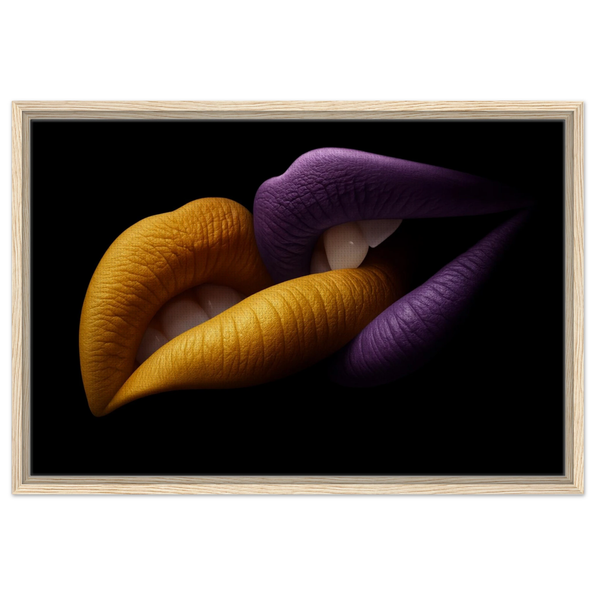 Golden Passion & Violet Desire – Contemporary Lips Wall Art Print - Framed Canvas - 50x75 cm / 20x30″ - Wood frame