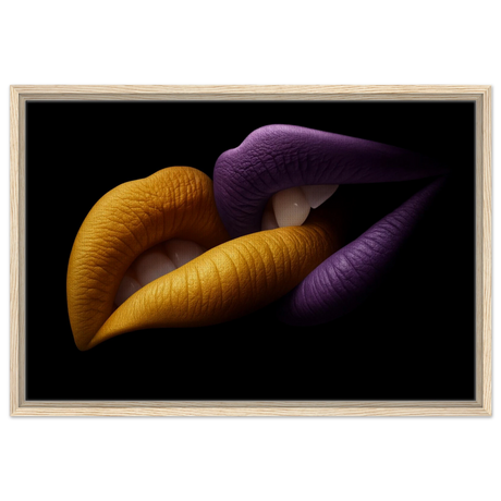 Golden Passion & Violet Desire – Contemporary Lips Wall Art Print - Framed Canvas - 50x75 cm / 20x30″ - Wood frame