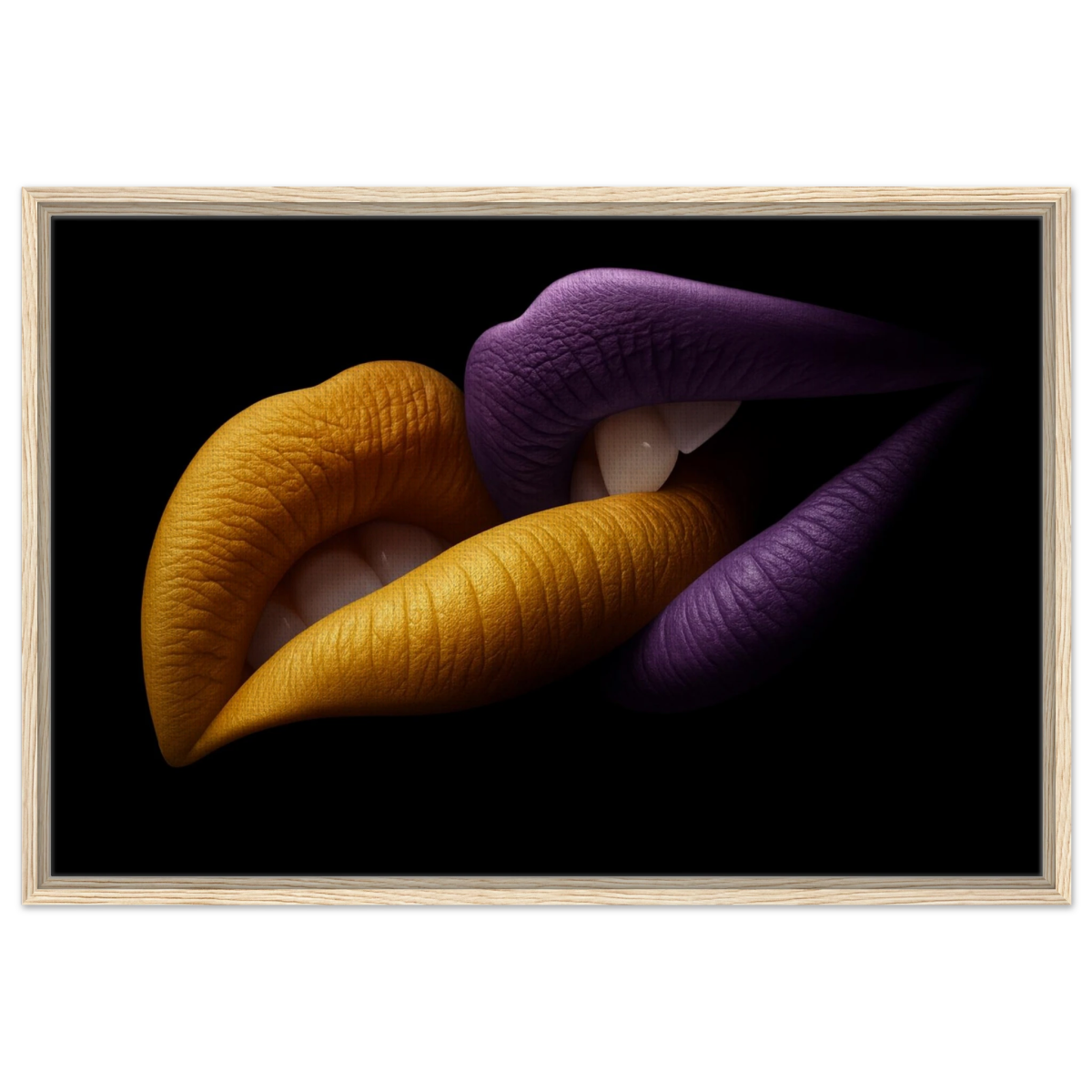 Golden Passion & Violet Desire – Contemporary Lips Wall Art Print - Framed Canvas - 60x90 cm / 24x36″ - Wood frame