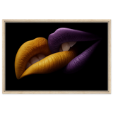 Golden Passion & Violet Desire – Contemporary Lips Wall Art Print - Framed Canvas - 60x90 cm / 24x36″ - Wood frame