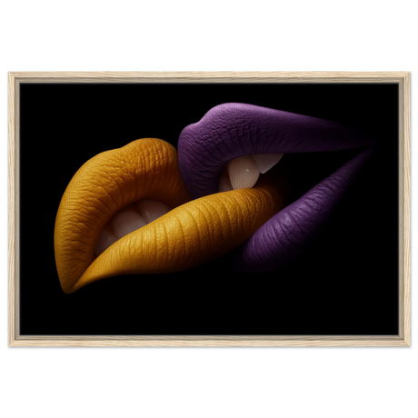 Golden Passion & Violet Desire – Contemporary Lips Wall Art Print - Framed Canvas - 60x90 cm / 24x36″ - Wood frame