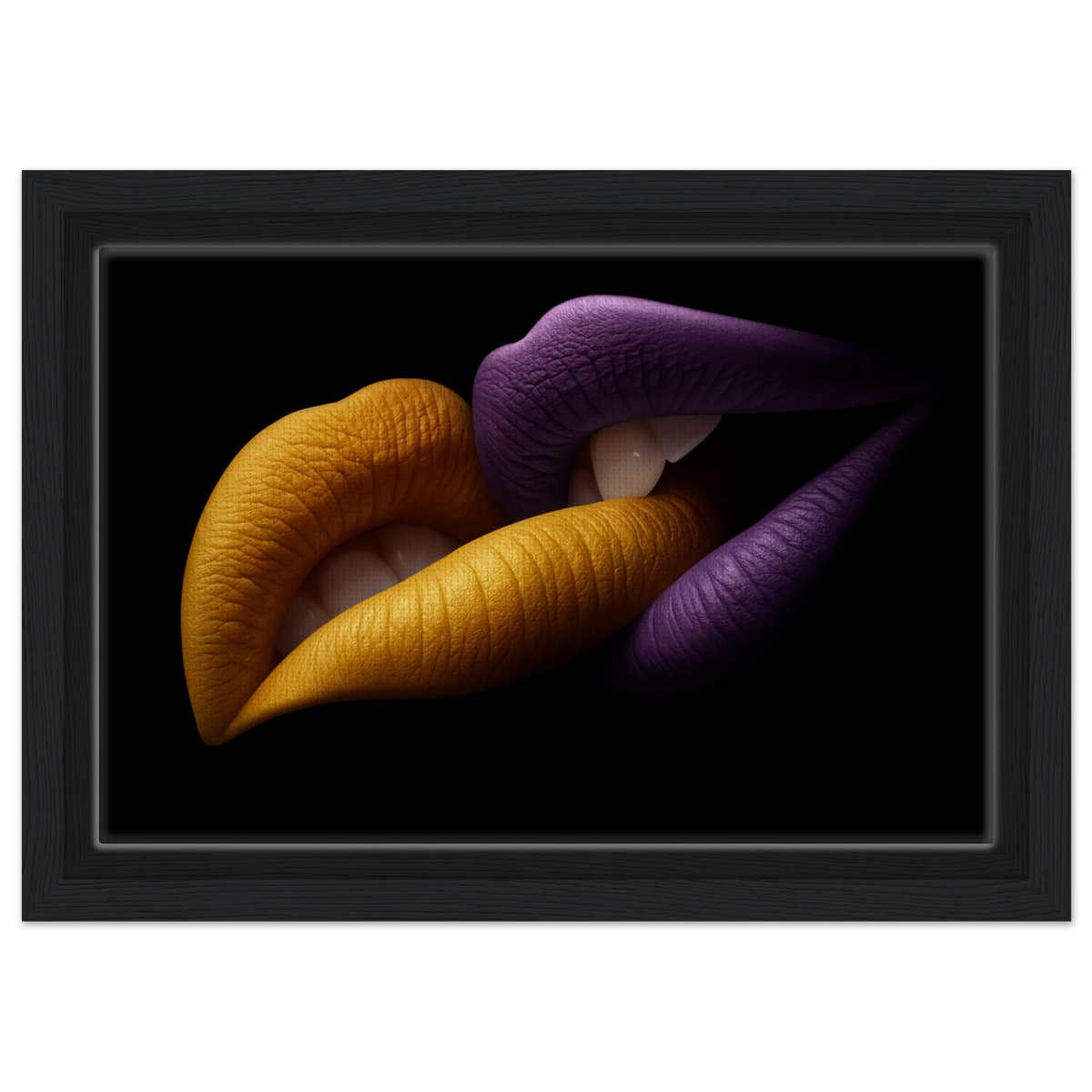 Golden Passion & Violet Desire – Contemporary Lips Wall Art Print - Framed Canvas - 20x30 cm / 8x12″ - Black frame