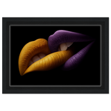 Golden Passion & Violet Desire – Contemporary Lips Wall Art Print - Framed Canvas - 20x30 cm / 8x12″ - Black frame