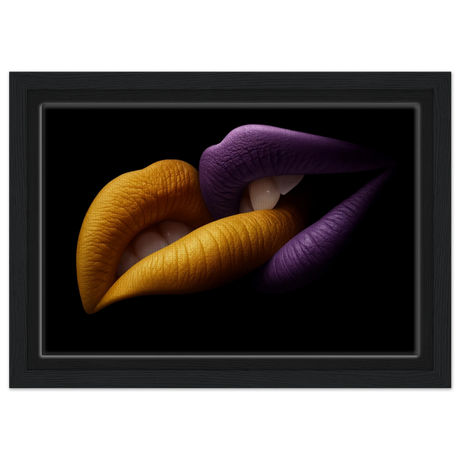 Golden Passion & Violet Desire – Contemporary Lips Wall Art Print - Framed Canvas - 20x30 cm / 8x12″ - Black frame