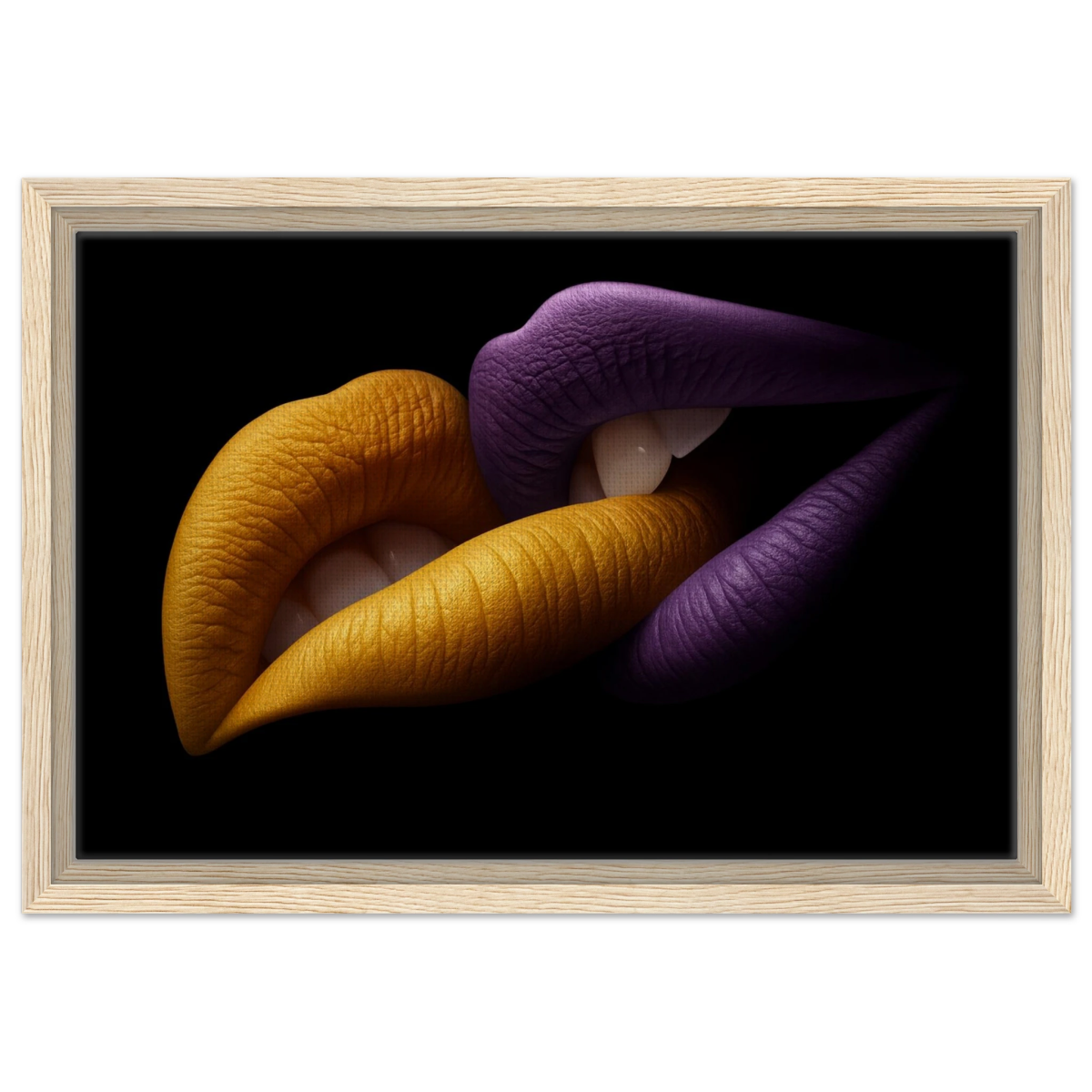 Golden Passion & Violet Desire – Contemporary Lips Wall Art Print - Framed Canvas - 30x45 cm / 12x18″ - Wood frame