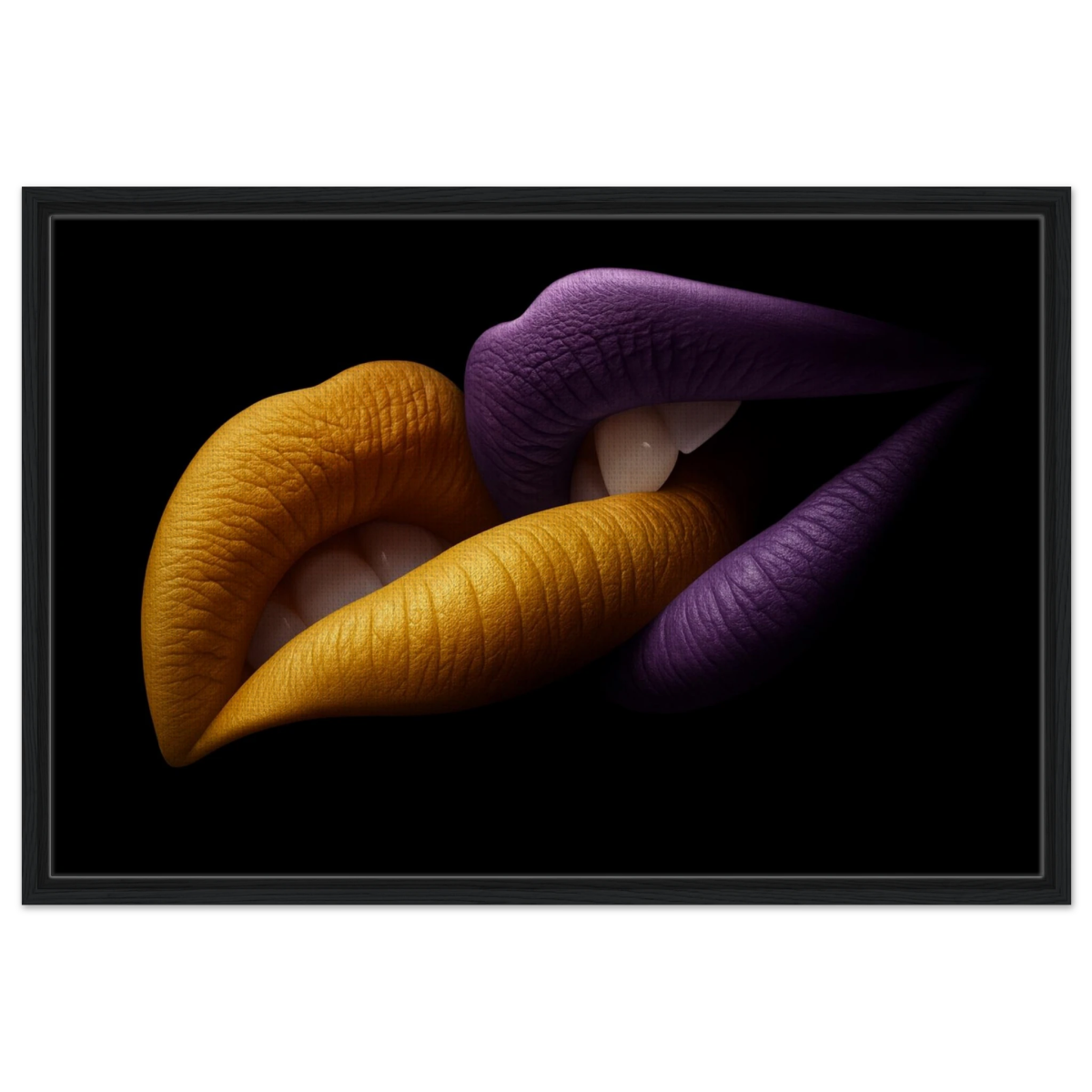 Golden Passion & Violet Desire – Contemporary Lips Wall Art Print - Framed Canvas - 60x90 cm / 24x36″ - Black frame