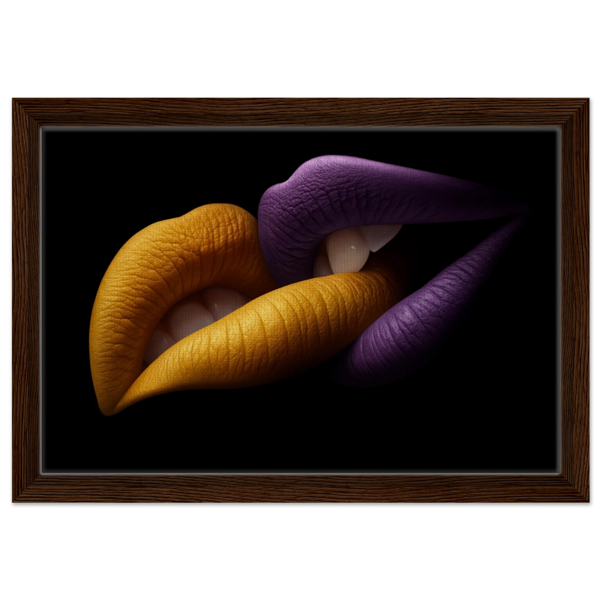 Golden Passion & Violet Desire – Contemporary Lips Wall Art Print - Framed Canvas - 30x45 cm / 12x18″ - Dark wood frame