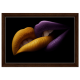 Golden Passion & Violet Desire – Contemporary Lips Wall Art Print - Framed Canvas - 30x45 cm / 12x18″ - Dark wood frame