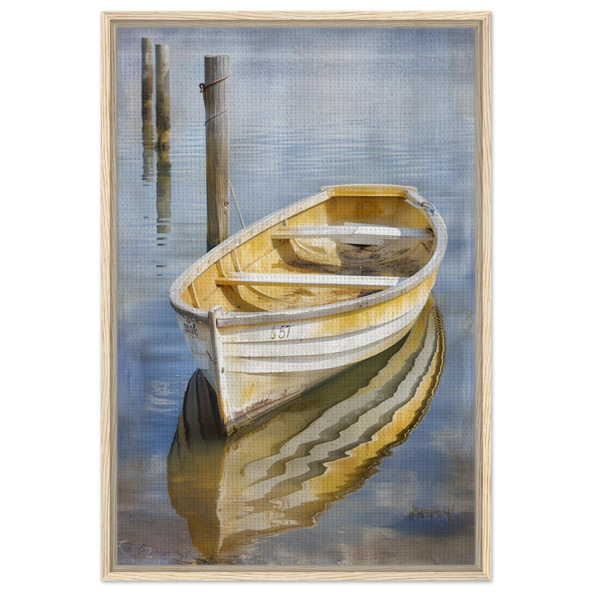Golden Rowboat Reflections – Nautical Wall Art Print - Framed Canvas - 60x90 cm / 24x36″ - Wood frame