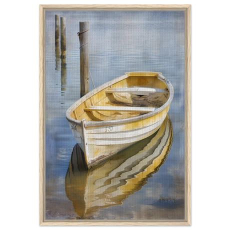 Golden Rowboat Reflections – Nautical Wall Art Print - Framed Canvas - 60x90 cm / 24x36″ - Wood frame