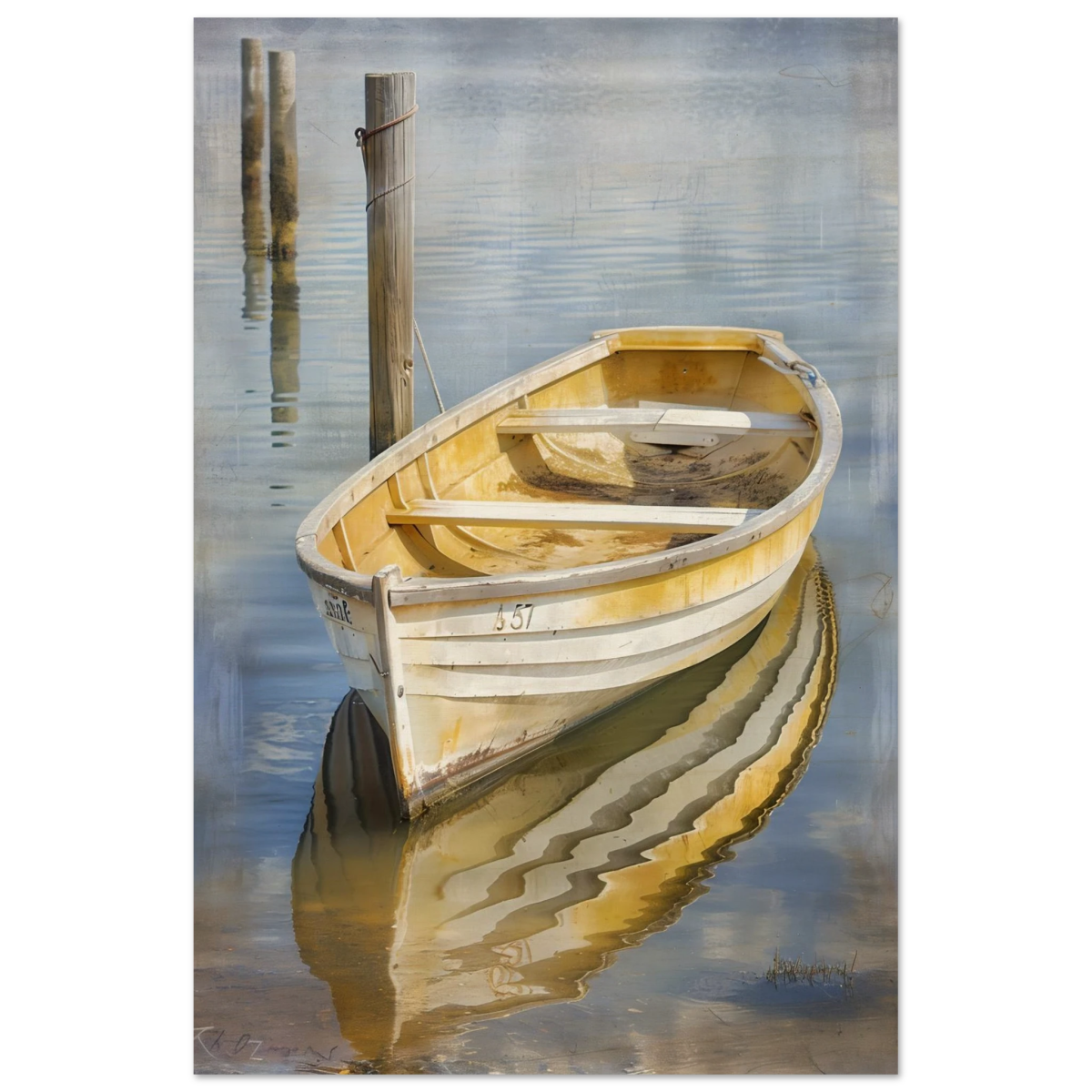 Golden Rowboat Reflections – Nautical Wall Art Print - Wood Prints - 50x75 cm / 20x30″ - 