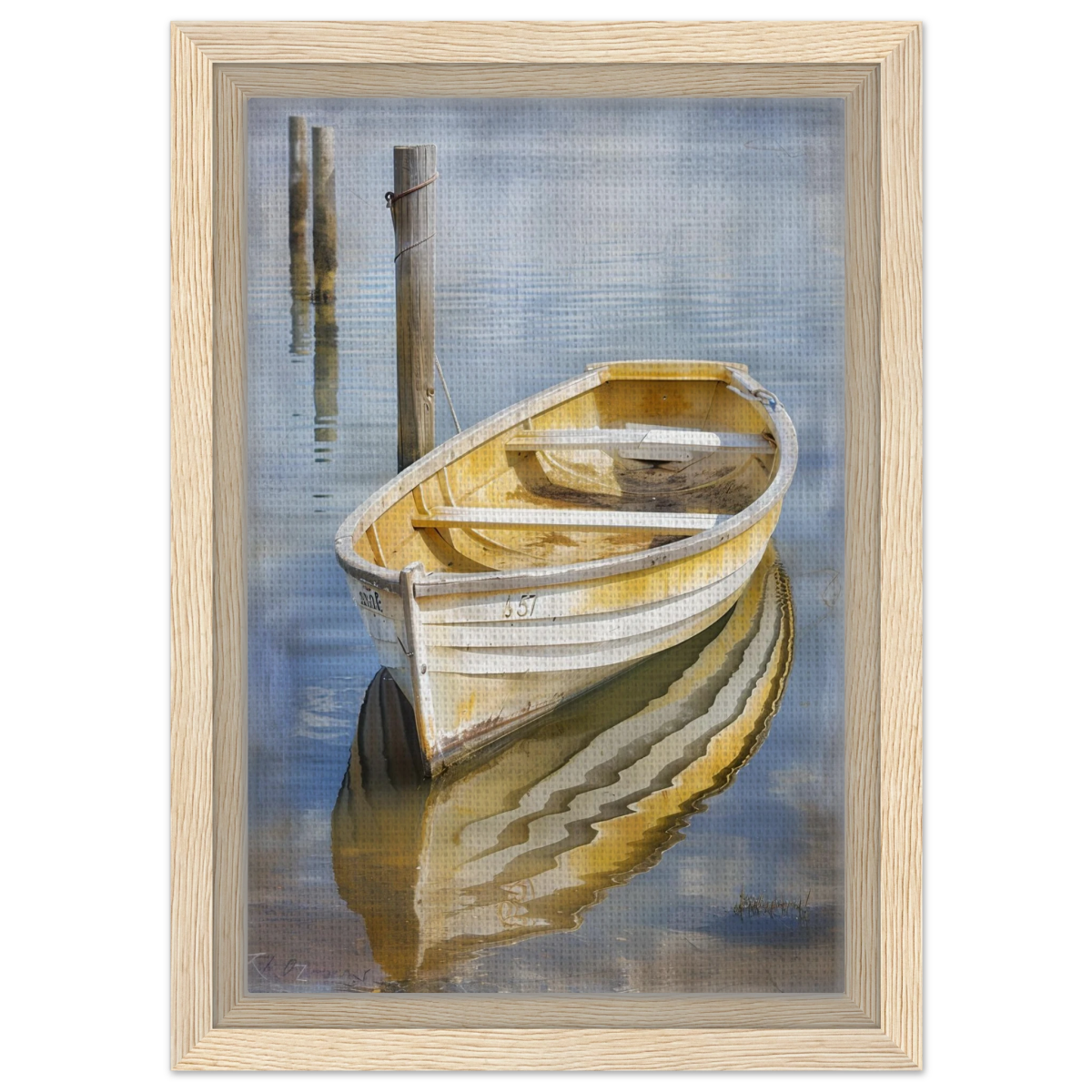 Golden Rowboat Reflections – Nautical Wall Art Print - Framed Canvas - 20x30 cm / 8x12″ - Wood frame