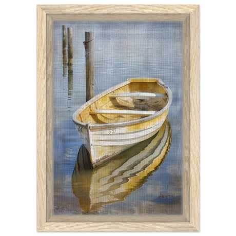 Golden Rowboat Reflections – Nautical Wall Art Print - Framed Canvas - 20x30 cm / 8x12″ - Wood frame