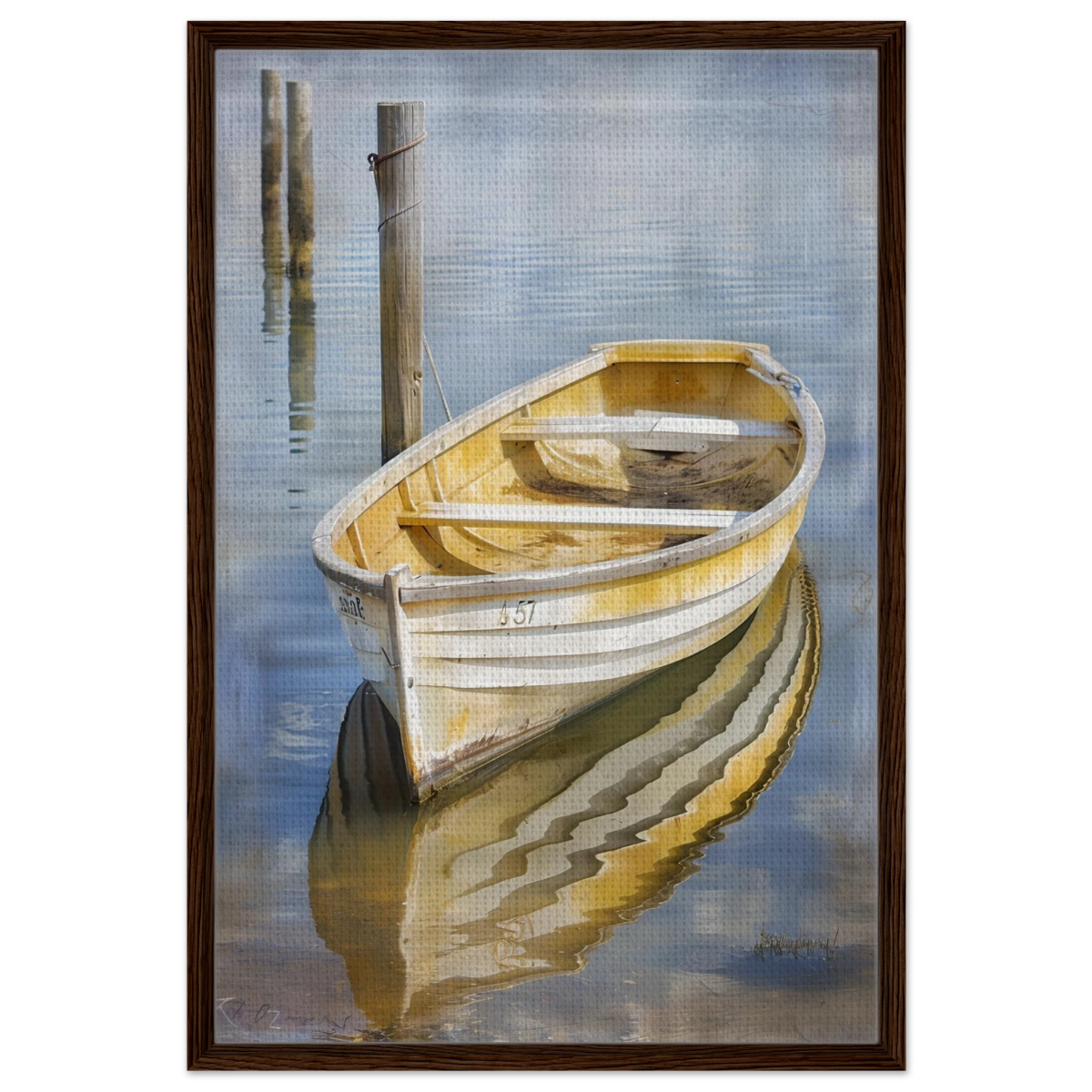 Golden Rowboat Reflections – Nautical Wall Art Print - Framed Canvas - 60x90 cm / 24x36″ - Dark wood frame