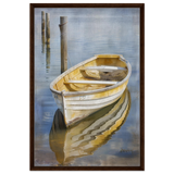 Golden Rowboat Reflections – Nautical Wall Art Print - Framed Canvas - 60x90 cm / 24x36″ - Dark wood frame