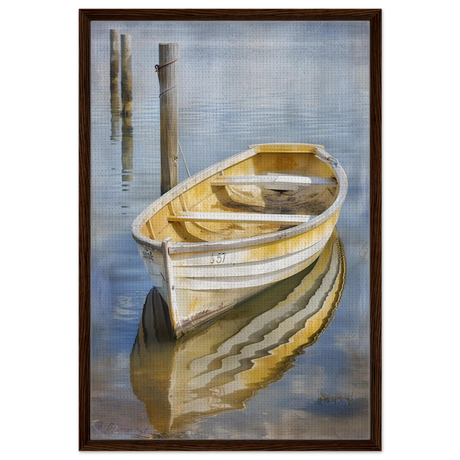 Golden Rowboat Reflections – Nautical Wall Art Print - Framed Canvas - 60x90 cm / 24x36″ - Dark wood frame