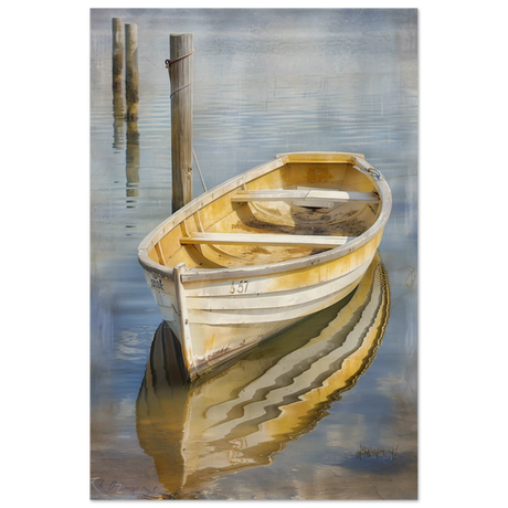 Golden Rowboat Reflections – Nautical Wall Art Print - Wood Prints - 20x30 cm / 8x12″ - 