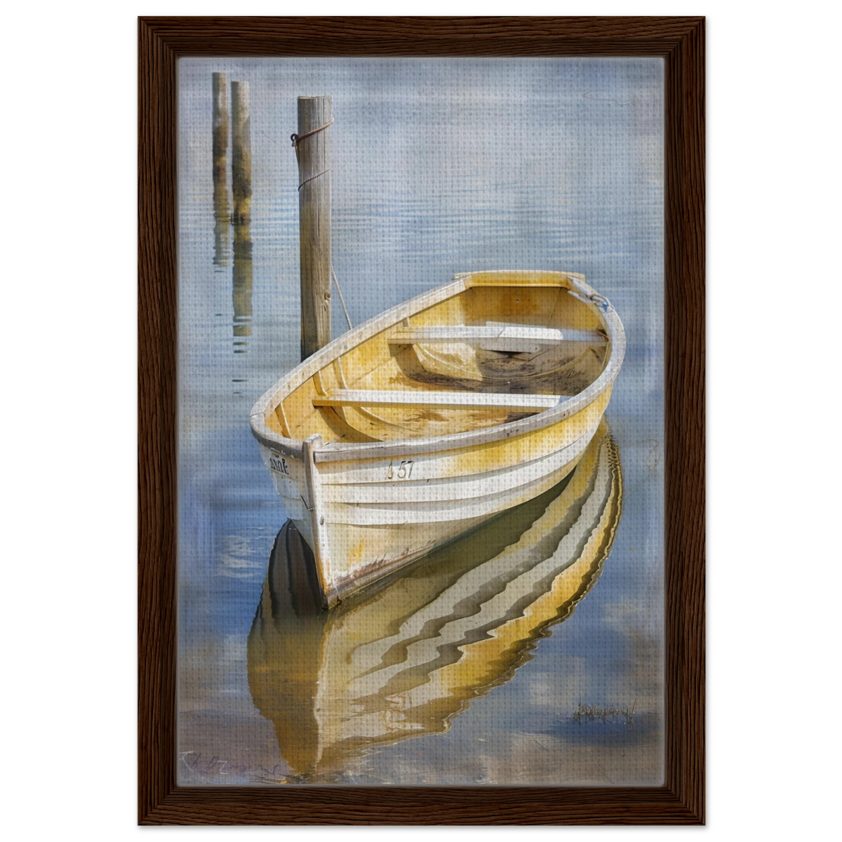 Golden Rowboat Reflections – Nautical Wall Art Print - Framed Canvas - 30x45 cm / 12x18″ - Dark wood frame