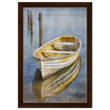 Golden Rowboat Reflections – Nautical Wall Art Print - Framed Canvas - 30x45 cm / 12x18″ - Dark wood frame