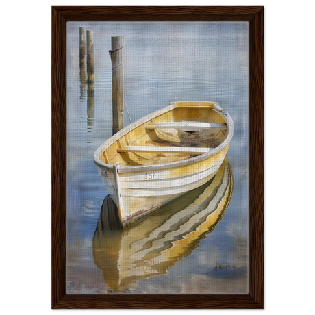 Golden Rowboat Reflections – Nautical Wall Art Print - Framed Canvas - 30x45 cm / 12x18″ - Dark wood frame