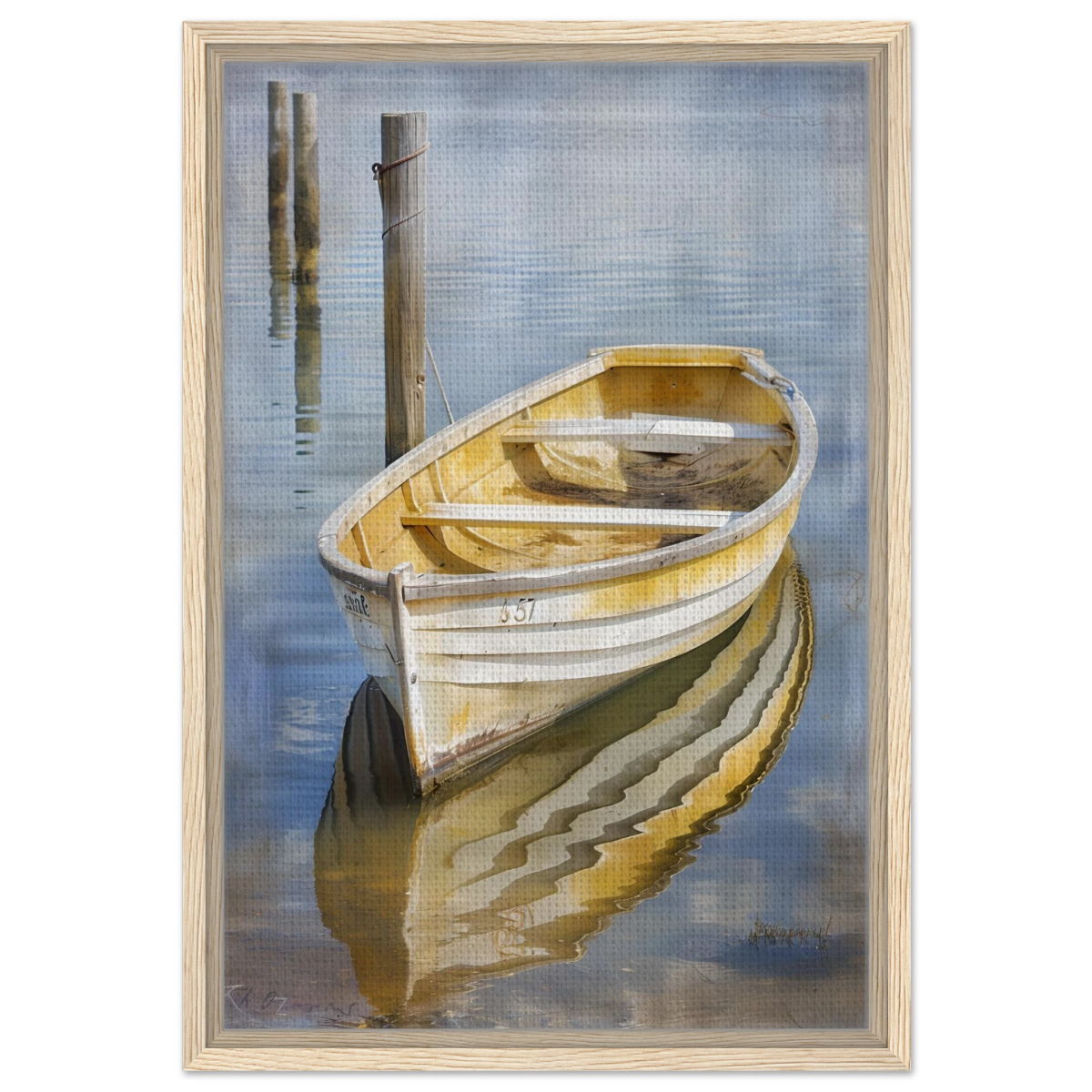 Golden Rowboat Reflections – Nautical Wall Art Print - Framed Canvas - 40x60 cm / 16x24″ - Wood frame