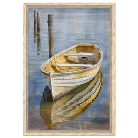 Golden Rowboat Reflections – Nautical Wall Art Print - Framed Canvas - 40x60 cm / 16x24″ - Wood frame