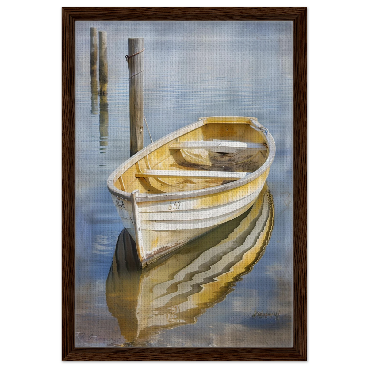 Golden Rowboat Reflections – Nautical Wall Art Print - Framed Canvas - 40x60 cm / 16x24″ - Dark wood frame