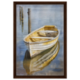 Golden Rowboat Reflections – Nautical Wall Art Print - Framed Canvas - 40x60 cm / 16x24″ - Dark wood frame