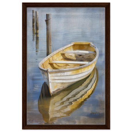 Golden Rowboat Reflections – Nautical Wall Art Print - Framed Canvas - 40x60 cm / 16x24″ - Dark wood frame