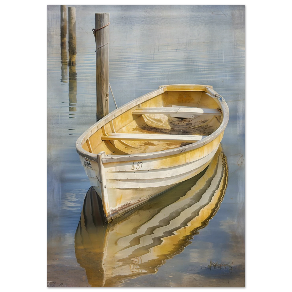 Golden Rowboat Reflections – Nautical Wall Art Print - Wood Prints - 70x100 cm / 28x40″ - 