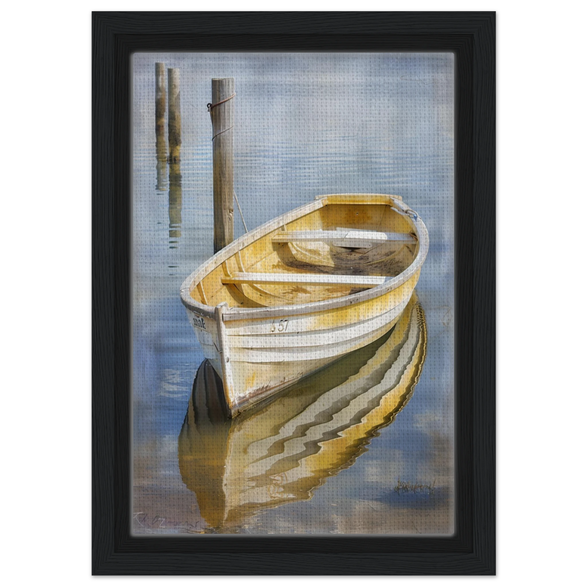 Golden Rowboat Reflections – Nautical Wall Art Print - Framed Canvas - 20x30 cm / 8x12″ - Black frame
