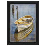 Golden Rowboat Reflections – Nautical Wall Art Print - Framed Canvas - 20x30 cm / 8x12″ - Black frame