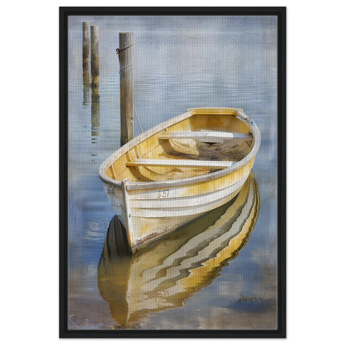 Golden Rowboat Reflections – Nautical Wall Art Print - Framed Canvas - 60x90 cm / 24x36″ - Black frame