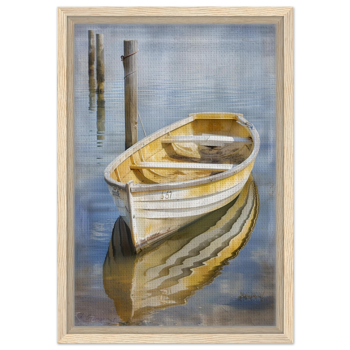Golden Rowboat Reflections – Nautical Wall Art Print - Framed Canvas - 30x45 cm / 12x18″ - Wood frame