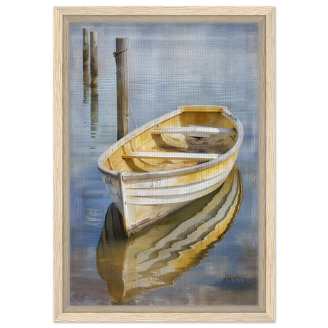 Golden Rowboat Reflections – Nautical Wall Art Print - Framed Canvas - 30x45 cm / 12x18″ - Wood frame